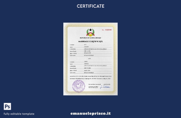 modello PSD di certificato di matrimonio Guniea Bissau in stile verificato